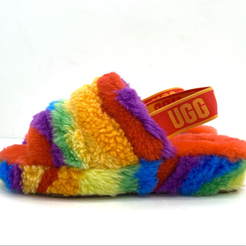 UGG Fluff Yeah Cali Collage Rainbow Pride Slide Slipper Sandal Woman’s